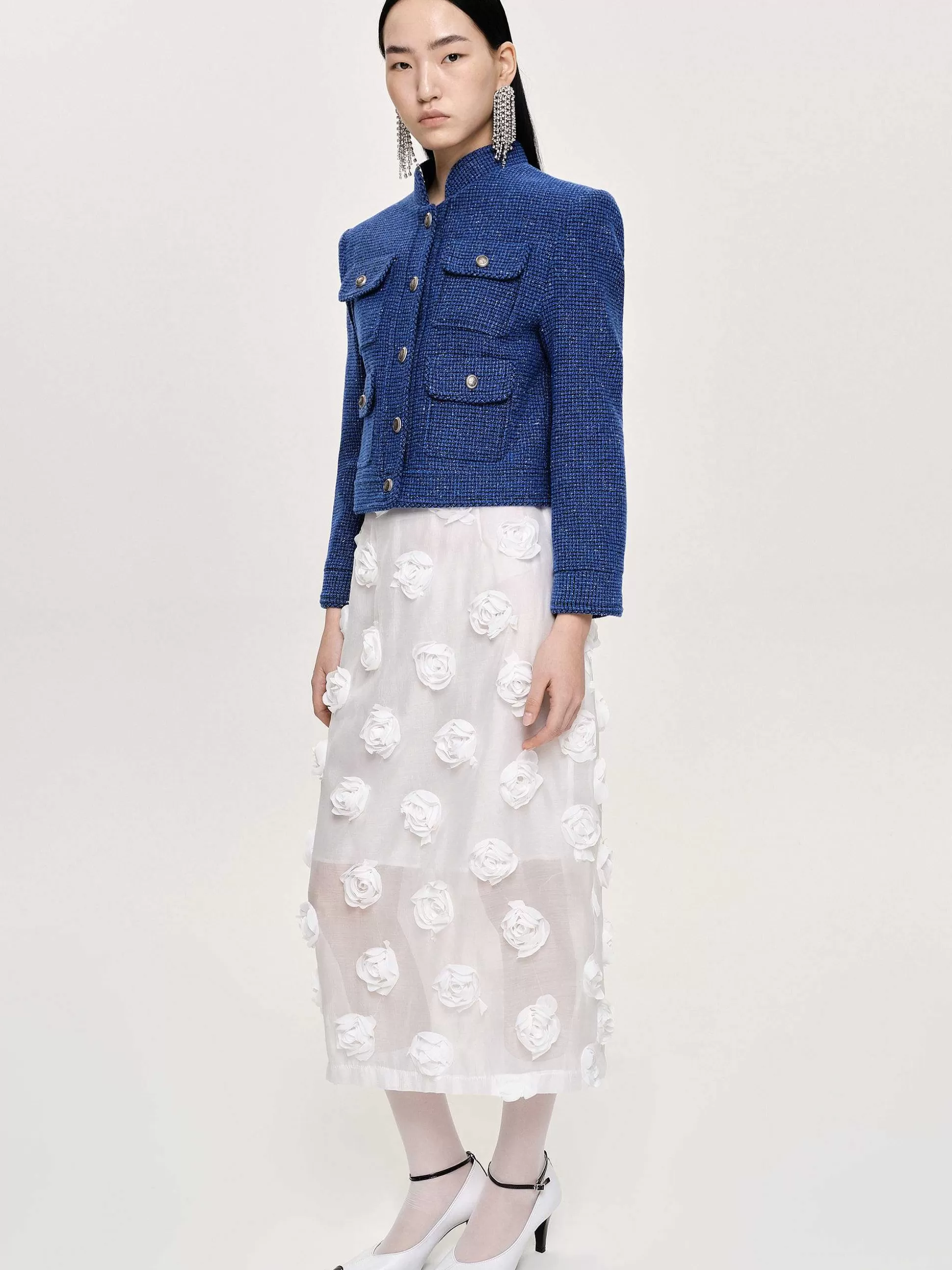 Source Unknown Jupe Mi-Longue A Appliques Roses, Blanc Fashion