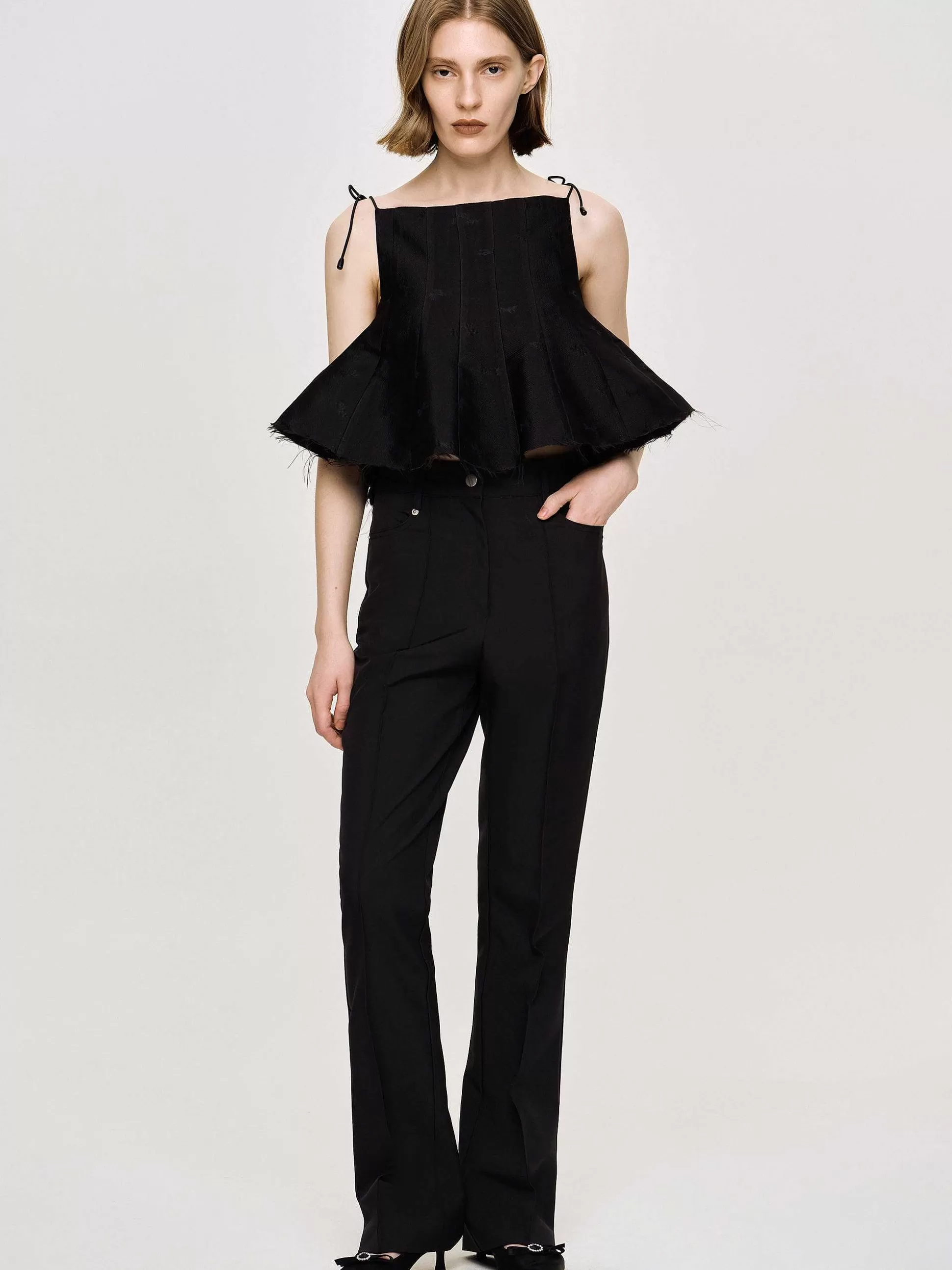 Source Unknown Pantalon Slim Froisse, Noir Fashion