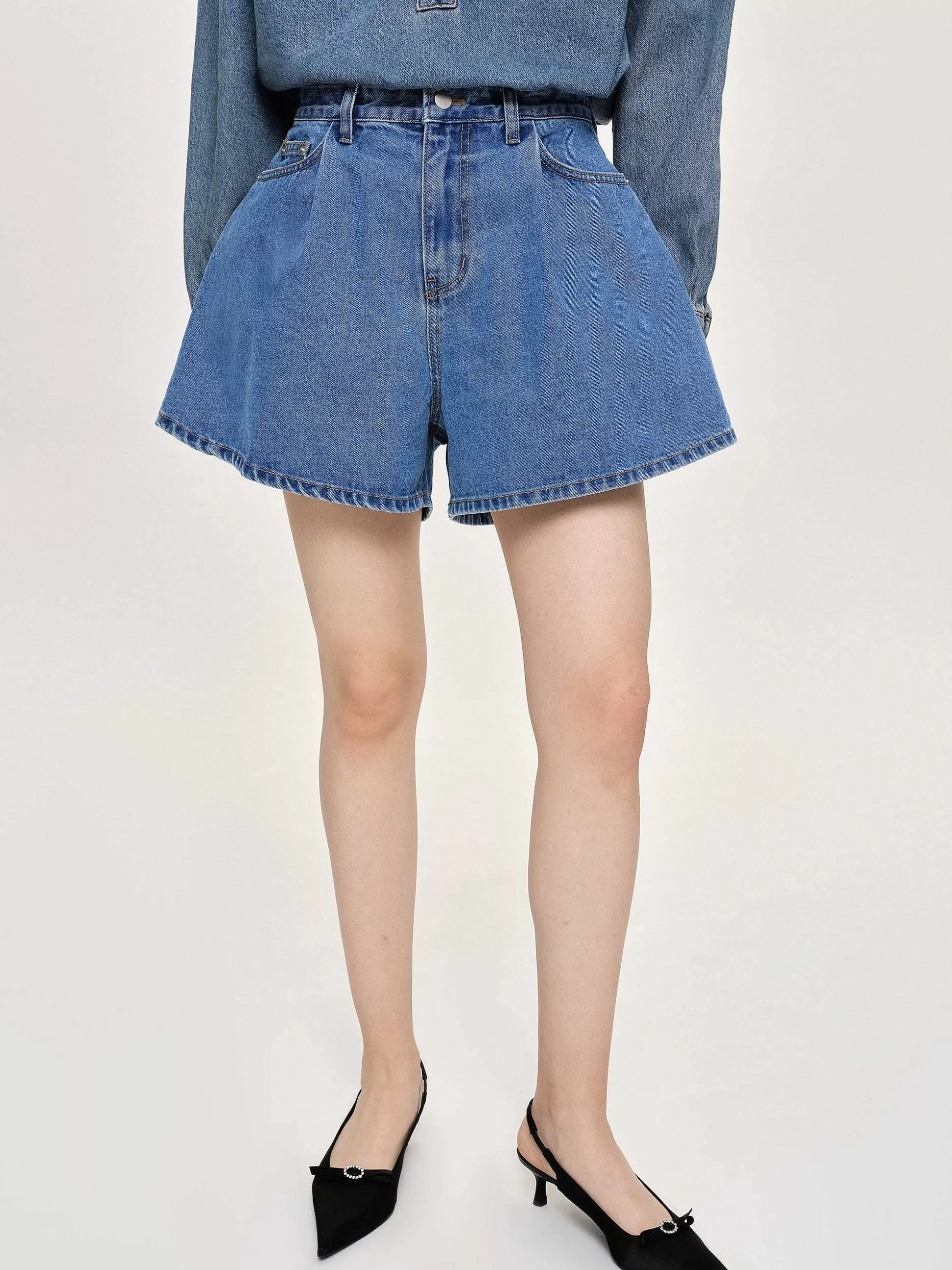 Source Unknown Short En Jean Evase, Bleu Moyen Best