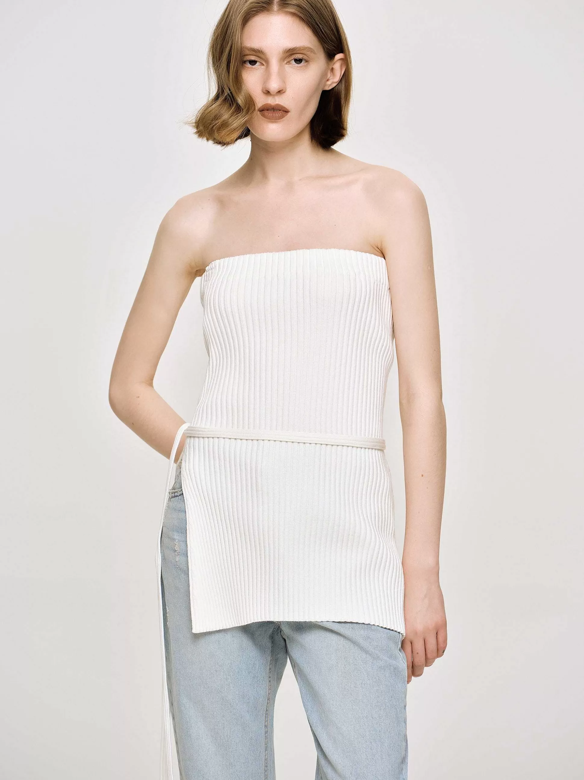 Source Unknown Tricot Cotele Long Fendu, Blanc Sale