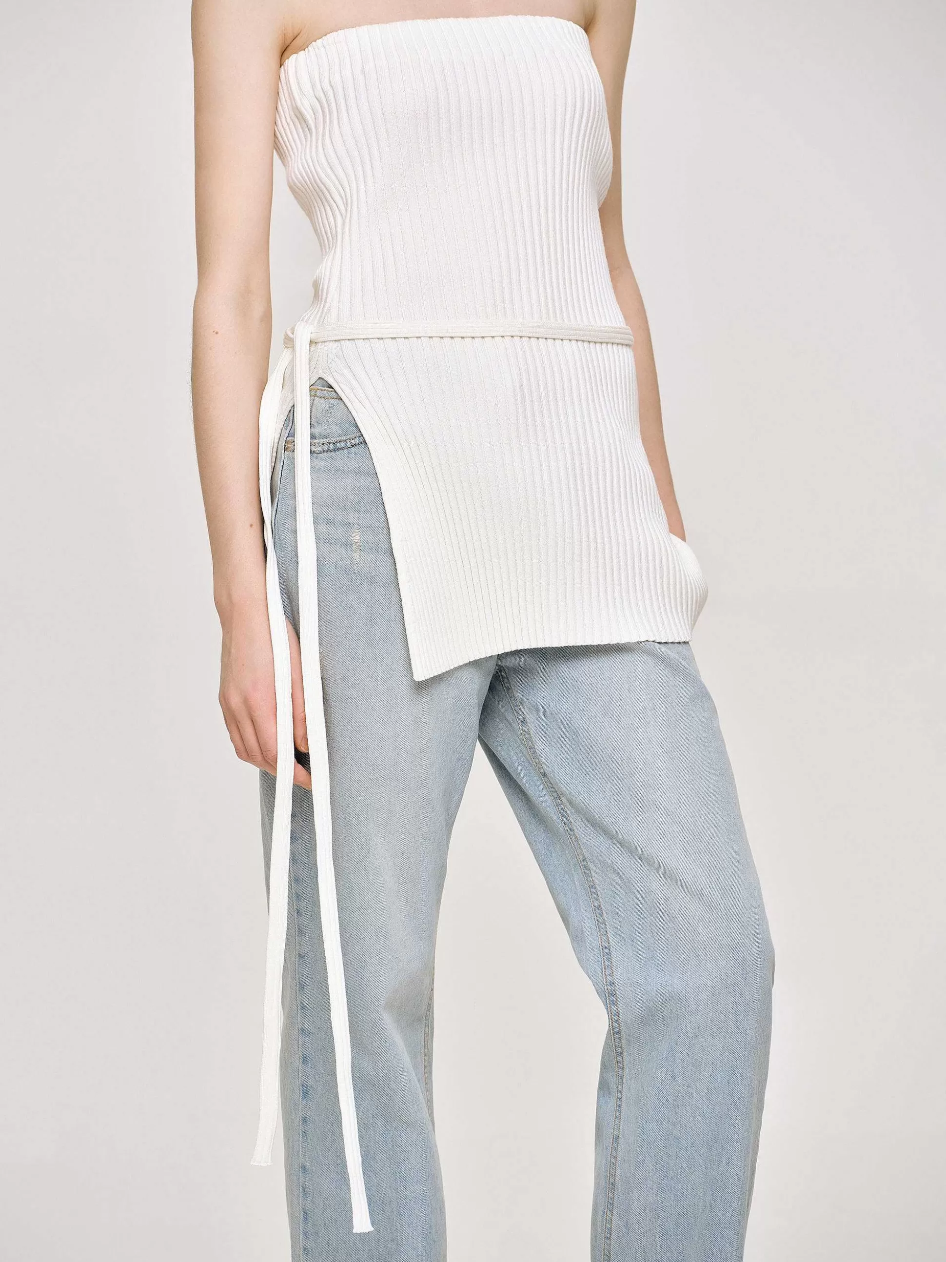 Source Unknown Tricot Cotele Long Fendu, Blanc Sale