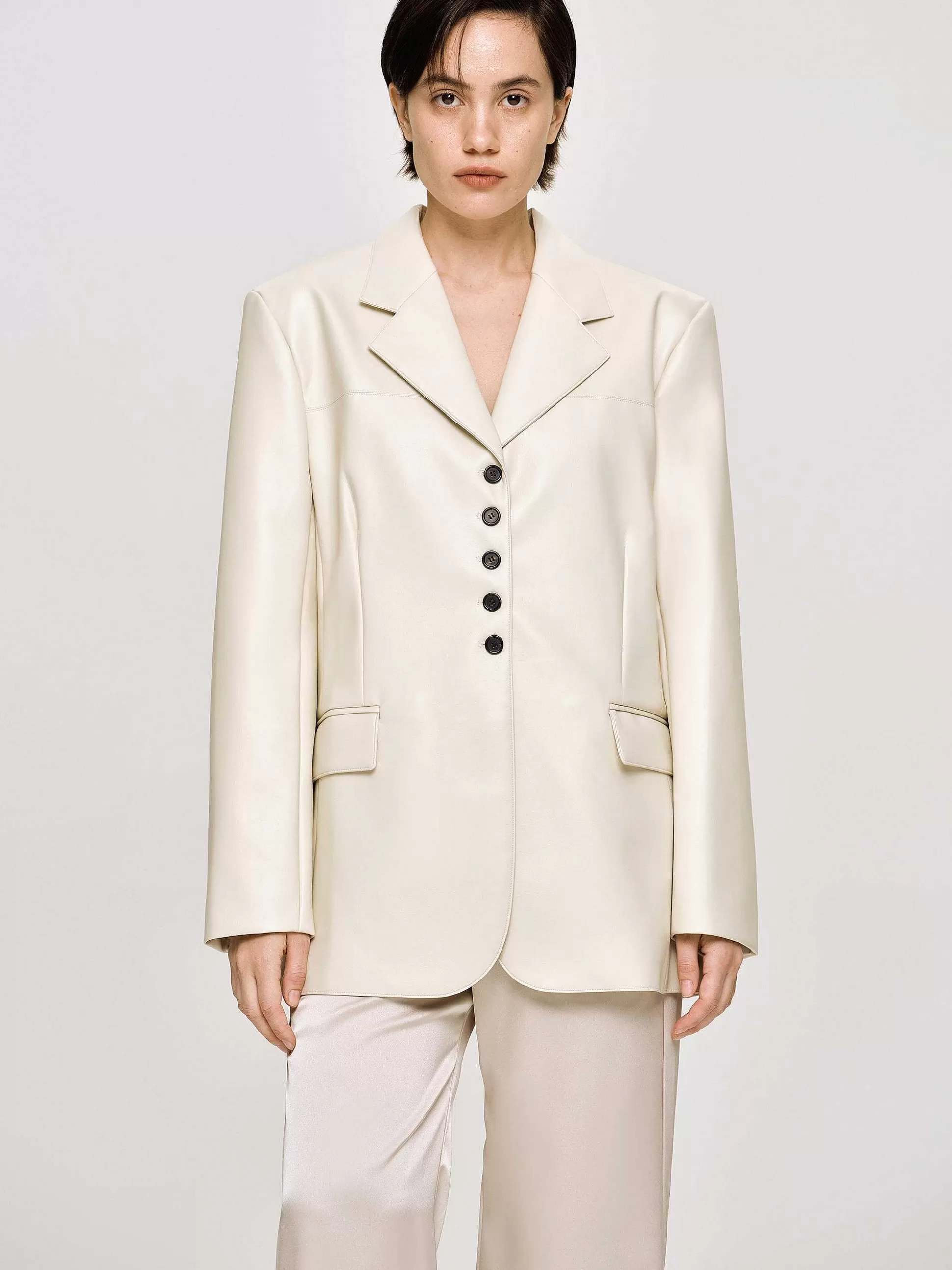 Source Unknown Veste Boutonnee En Simili Cuir, Beige Chaud New