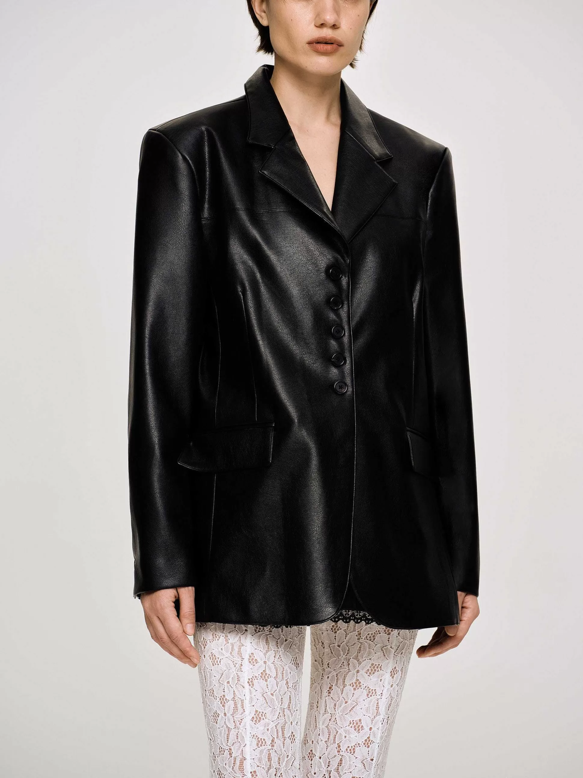 Source Unknown Veste Boutonnee En Similicuir, Noir Best